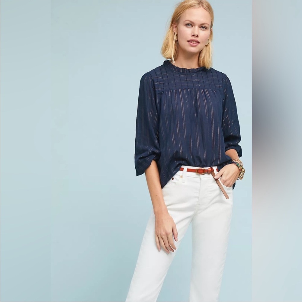 ANTHROPOLOGIE MAEVE Reston Navy Metallic Stripe Top - Size XL